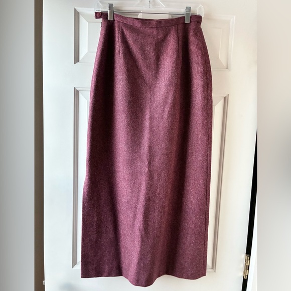 Laura Ashley Wool Maxi Pencil Skirt Herringbone Pattern Pink Burgundy Size 6 - Picture 2 of 10